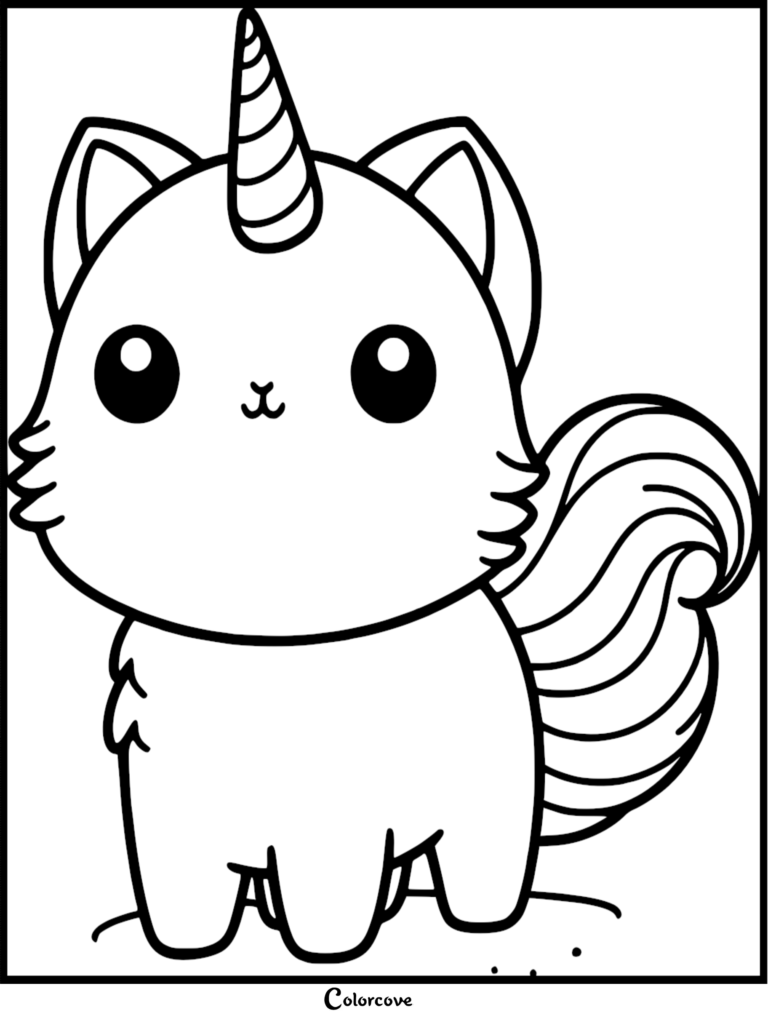 A cute kawaii Caticorn with a spiraled horn, big black eyes, and a fluffy curled tail in a printable coloring page style.