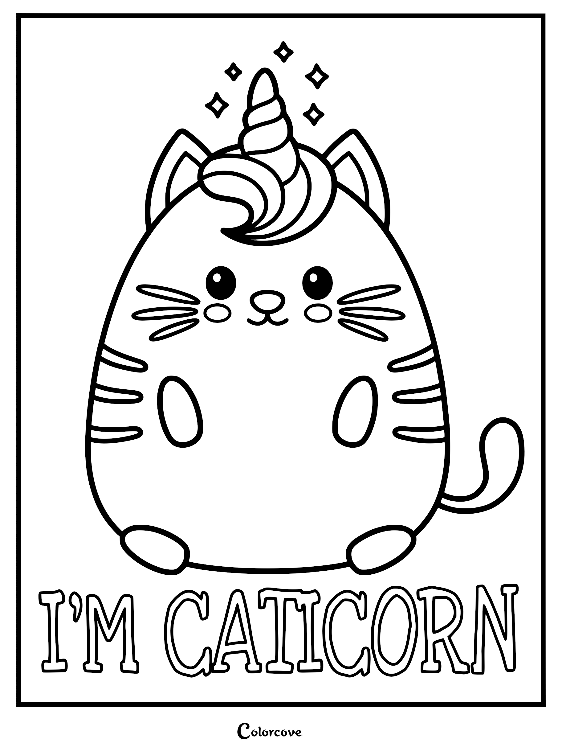 A Kawaii-style round caticorn with a magical horn and star sparkles, presented as a printable line art coloring page.