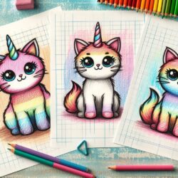 Coloring page with three cute unicorn kittens, surrounded by pencils, heart-shaped paper clips, and colorful blocks.