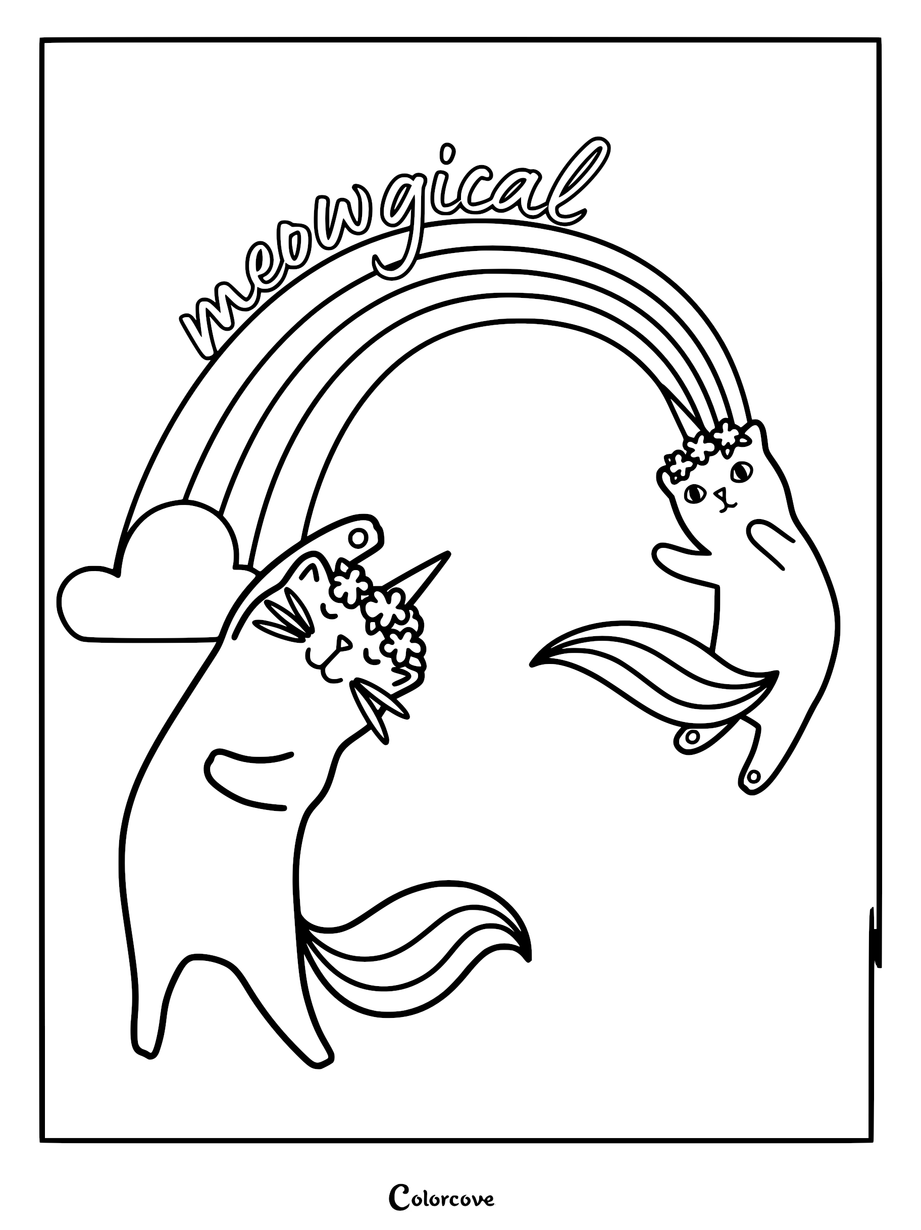 A printable coloring page featuring two adorable caticorns wearing flower crowns interacting with a rainbow with the text meowgical above.