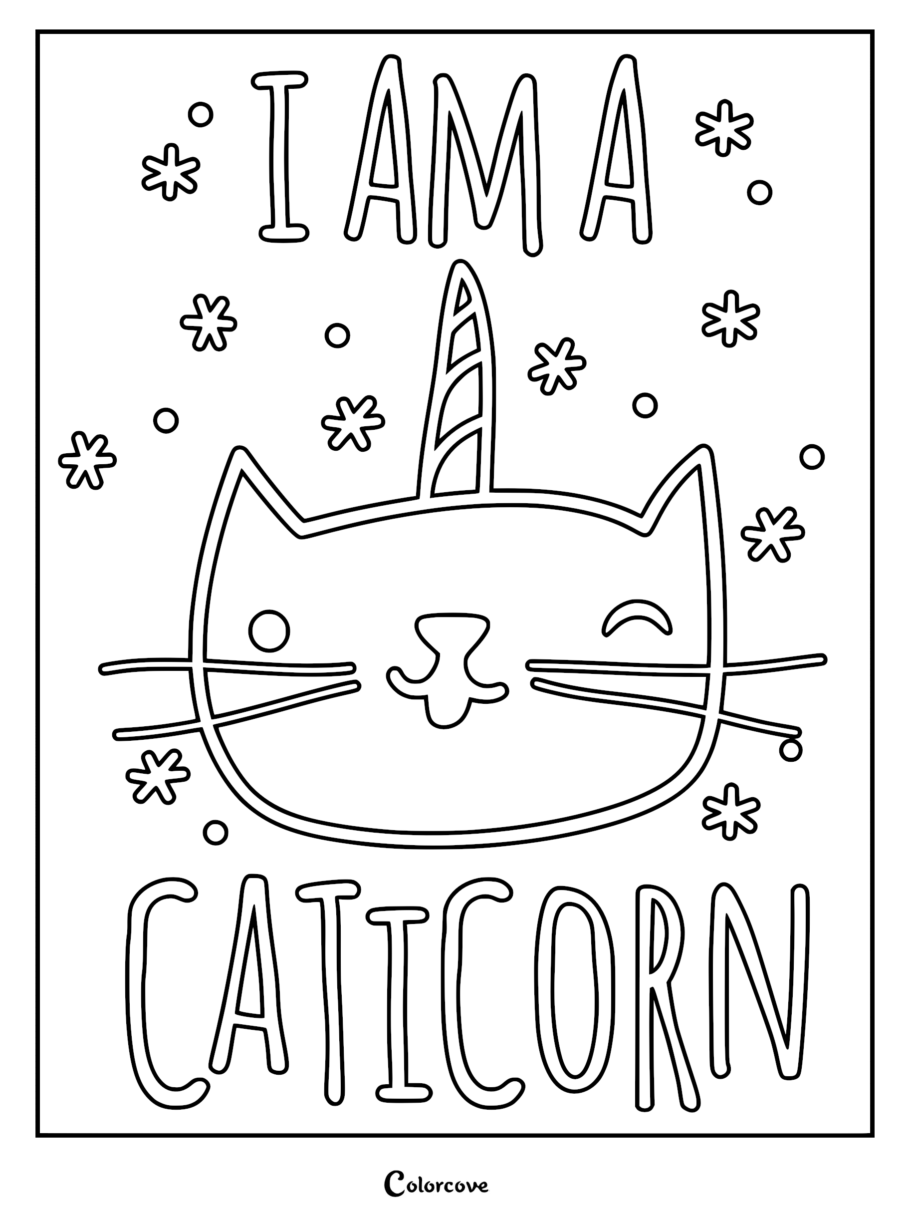 A printable coloring page featuring a winking Caticorn face with a striped horn, surrounded by doodle flowers and circles, with the text I AM A CATICORN.