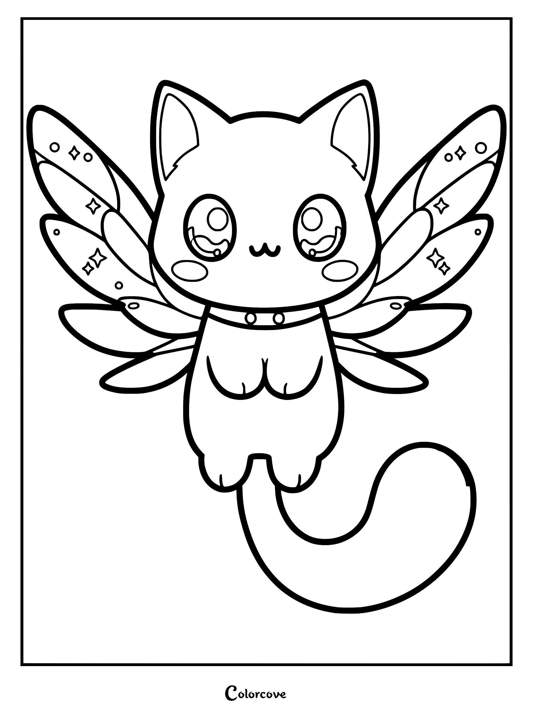A cute kawaii Caticorn with oversized sparkly eyes and four detailed insect-like wings on a printable coloring page.