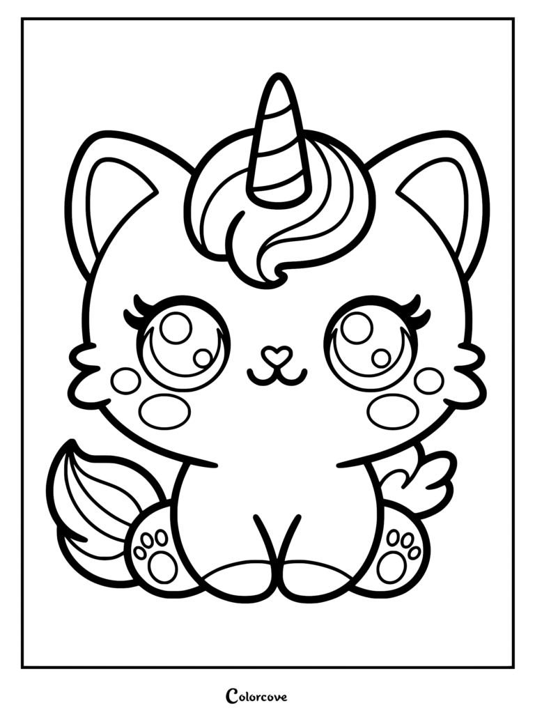 A cute kawaii Caticorn with big sparkly eyes, a striped unicorn horn, and fluffy cheeks in a simple black and white coloring page.