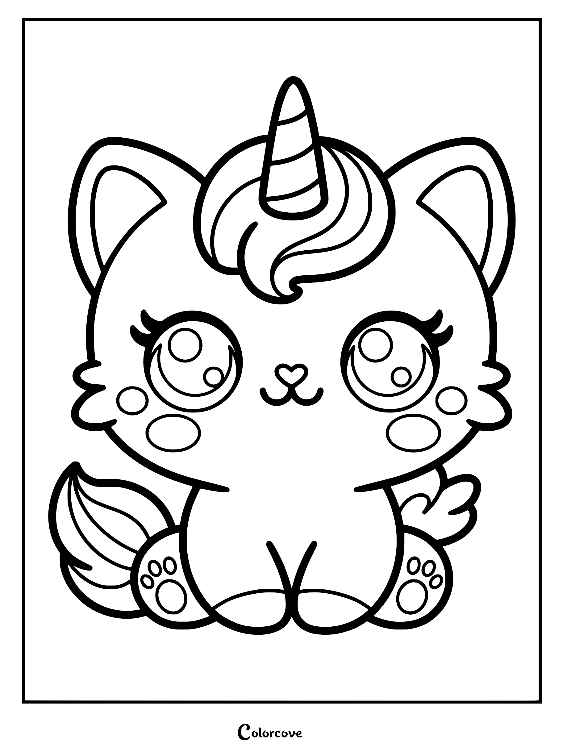 A cute kawaii Caticorn with big sparkly eyes, a striped unicorn horn, and fluffy cheeks in a simple black and white coloring page.