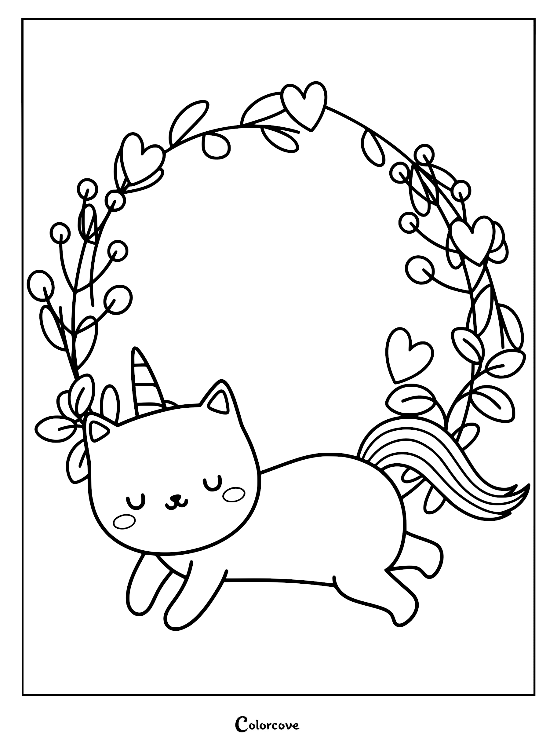A cute caticorn with a striped horn and rainbow tail inside a floral heart wreath, line art coloring page.