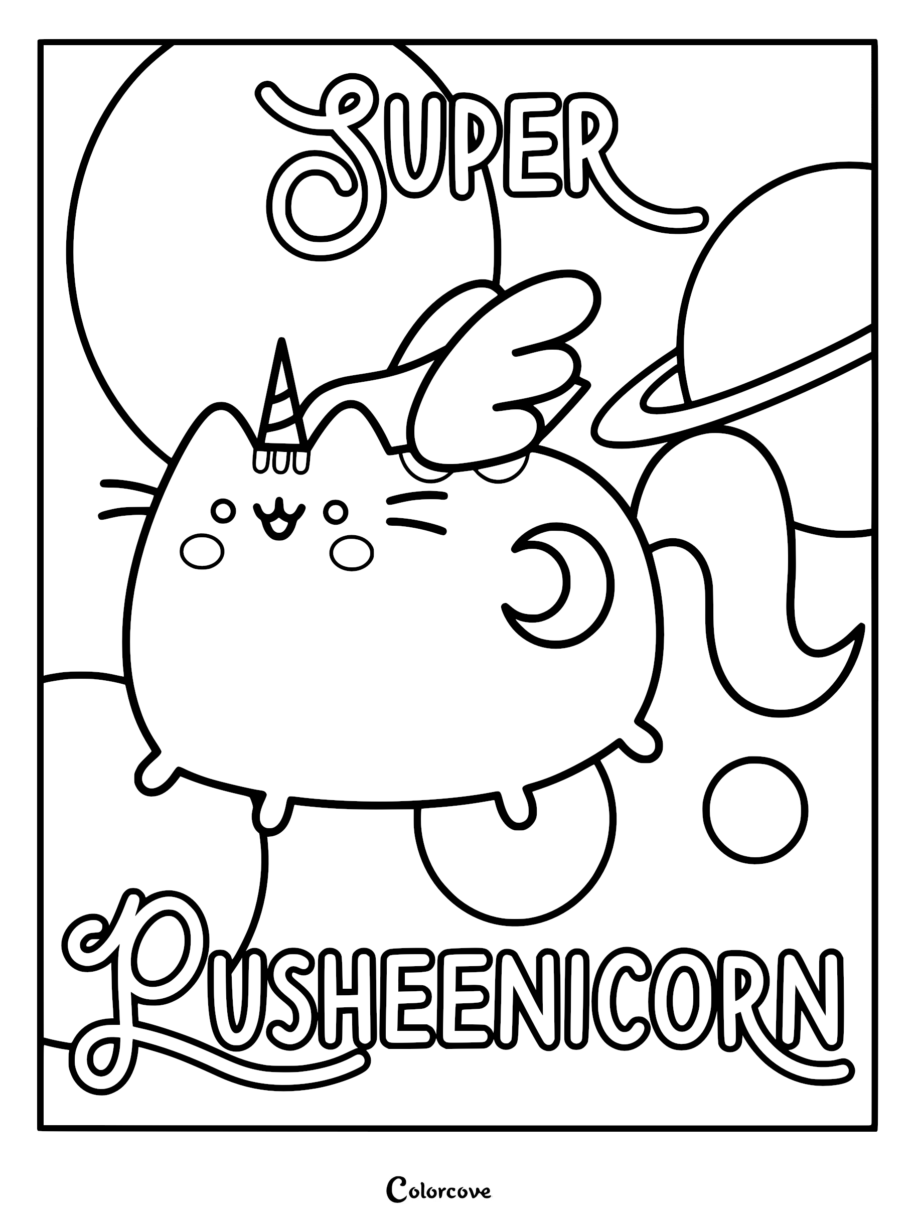 A printable coloring page featuring Pusheenicorn flying in space with a crescent moon on her side, surrounded by planets and the text 'Super Pusheenicorn'.