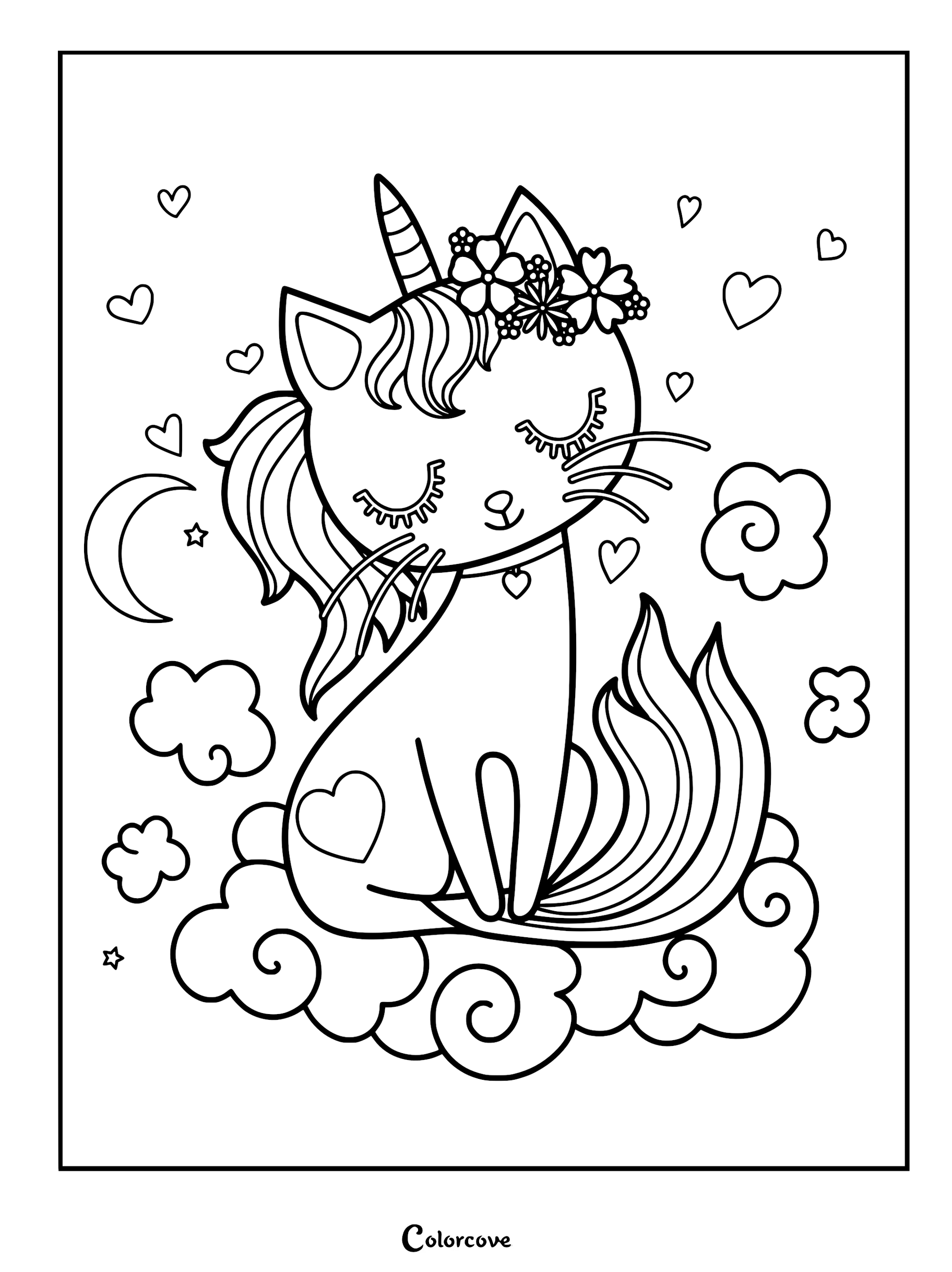 A sleepy caticorn with a floral crown and unicorn horn sitting on a fluffy cloud, surrounded by floating hearts, a crescent moon, and stars in this printable coloring page.