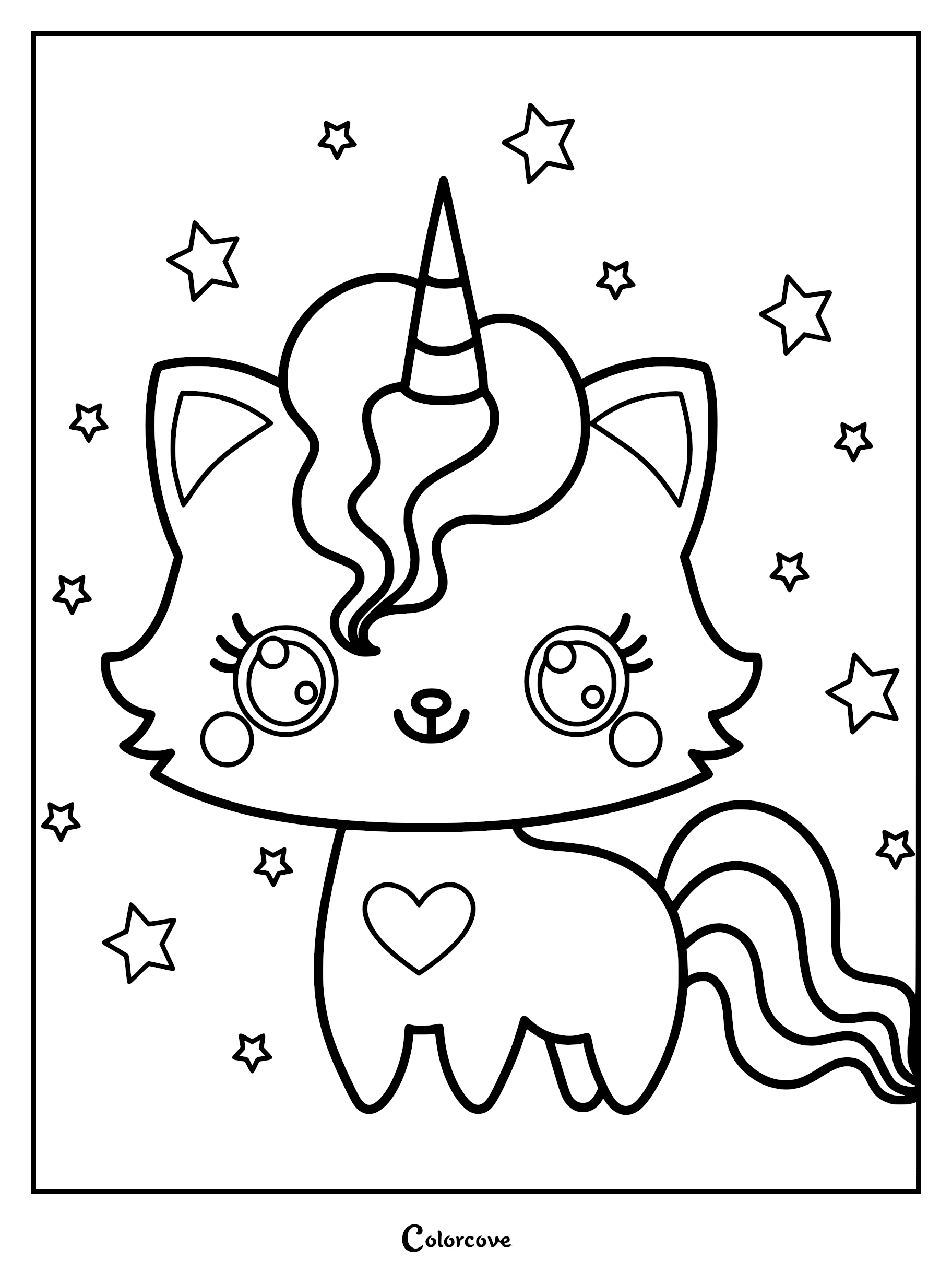 A printable coloring page featuring a kawaii caticorn with a striped horn, heart on its chest, and surrounded by floating stars.
