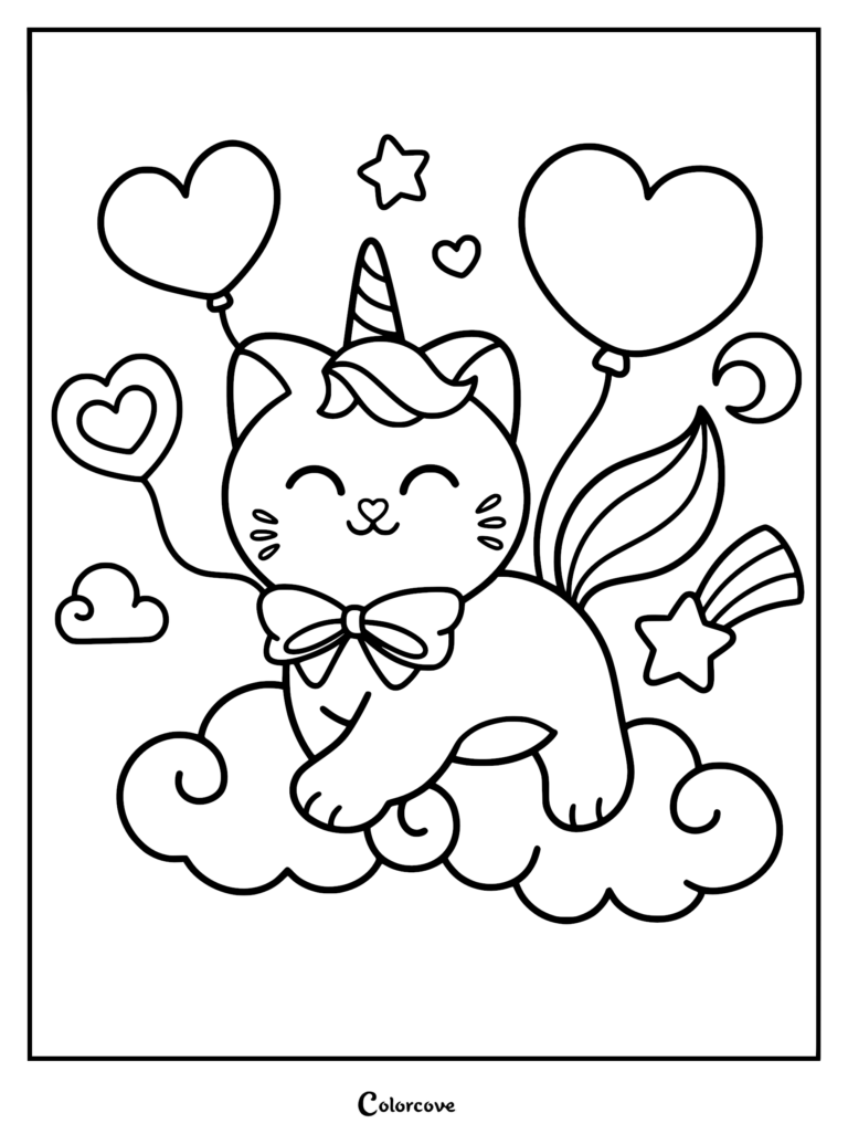 A smiling caticorn wearing a bow tie, sitting on a cloud with heart-shaped balloons and stars, in a clean line art coloring page style.