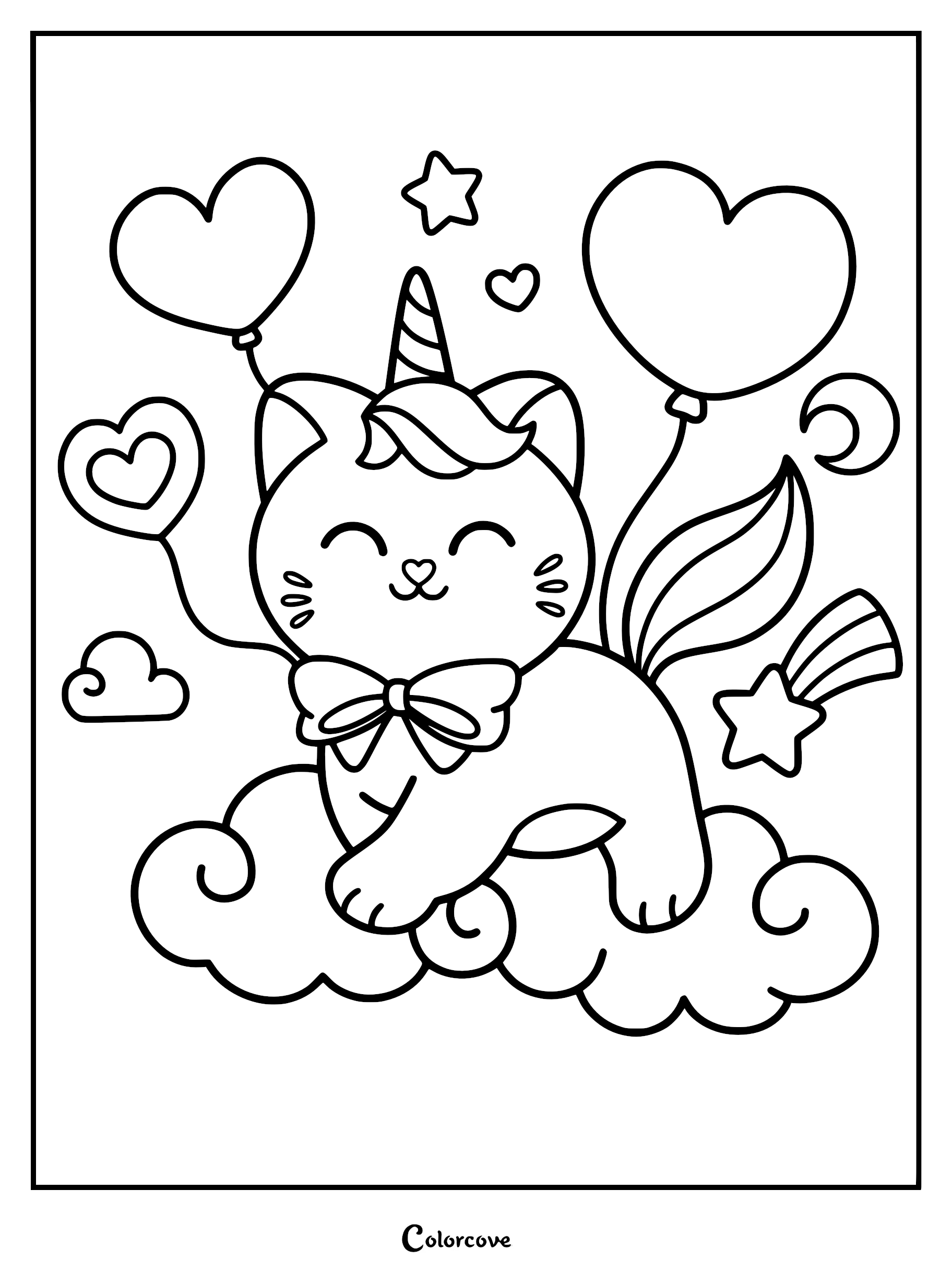 A smiling caticorn wearing a bow tie, sitting on a cloud with heart-shaped balloons and stars, in a clean line art coloring page style.