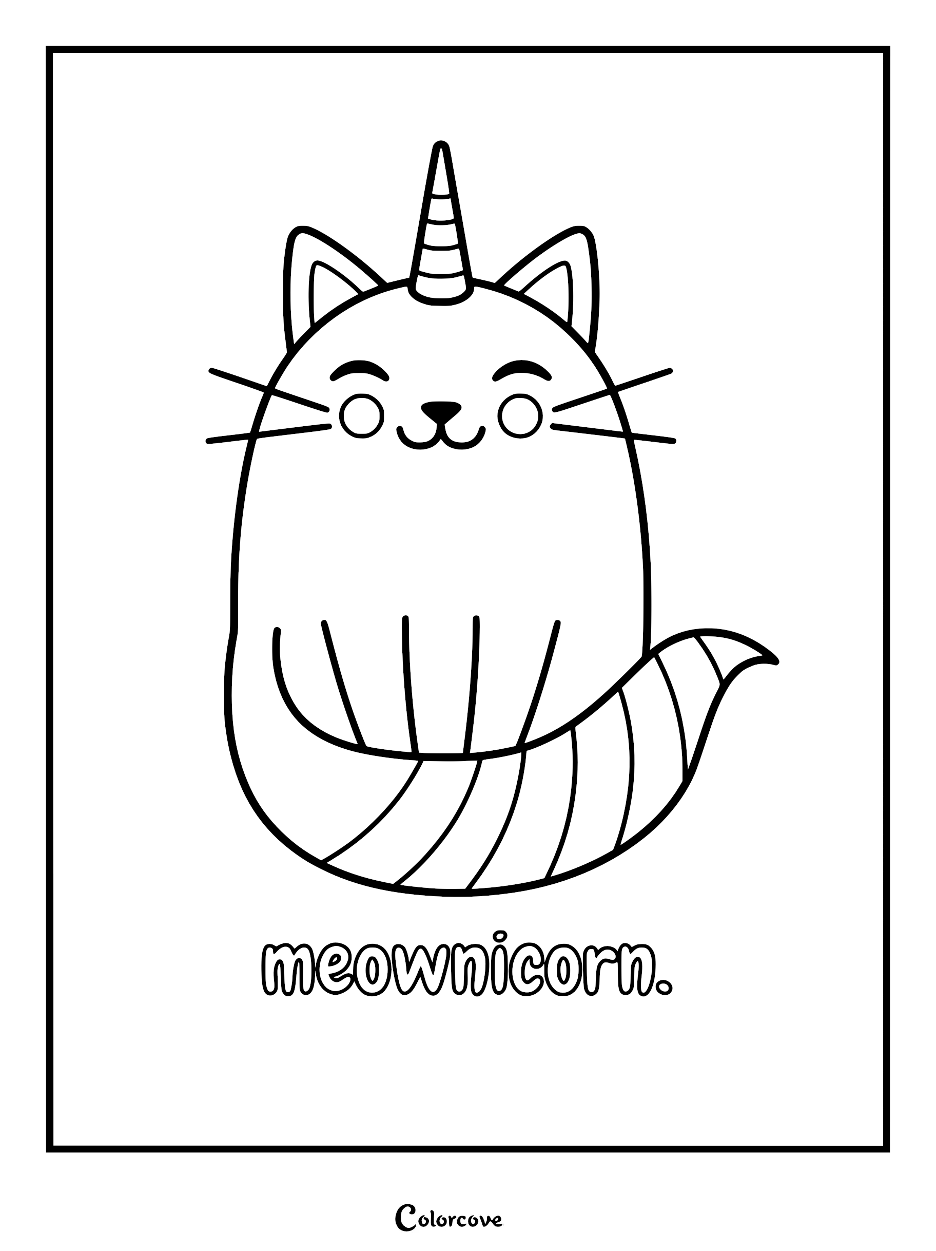A simple kawaii Caticorn or Meownicorn line art coloring page with a single unicorn horn, a striped tail, and text underneath.