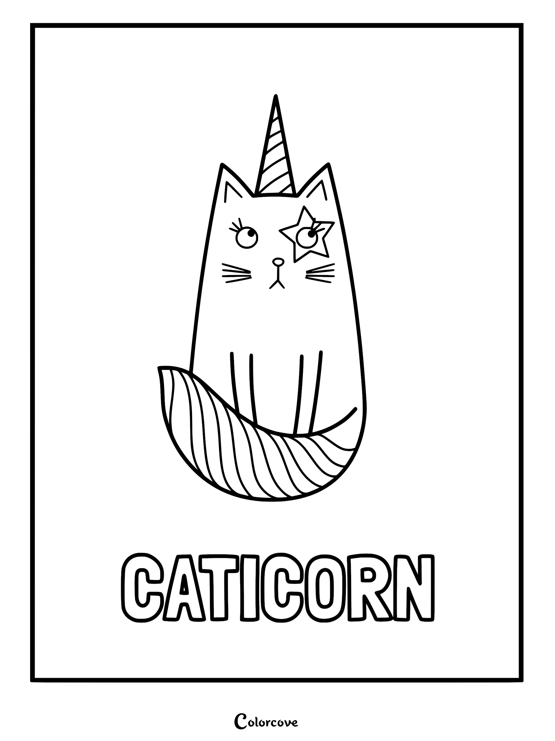 A simple black and white Caticorn coloring page featuring a cat with a unicorn horn, a star-shaped eye patch, and a patterned striped tail.