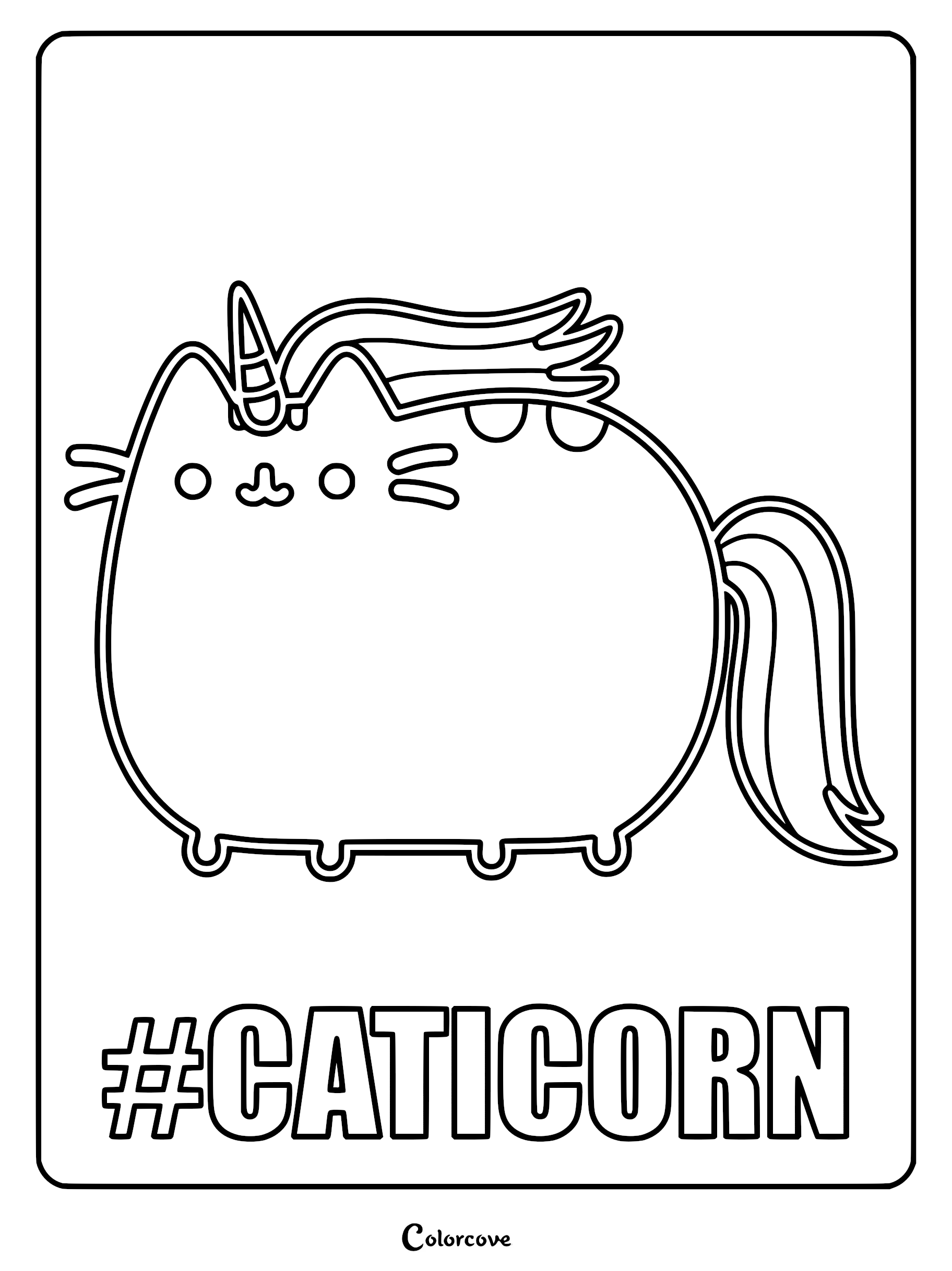 A cute, round Caticorn character with a striped horn, flowing mane, and curly tail, featured on a printable coloring page with the hashtag #CATICORN at the bottom.