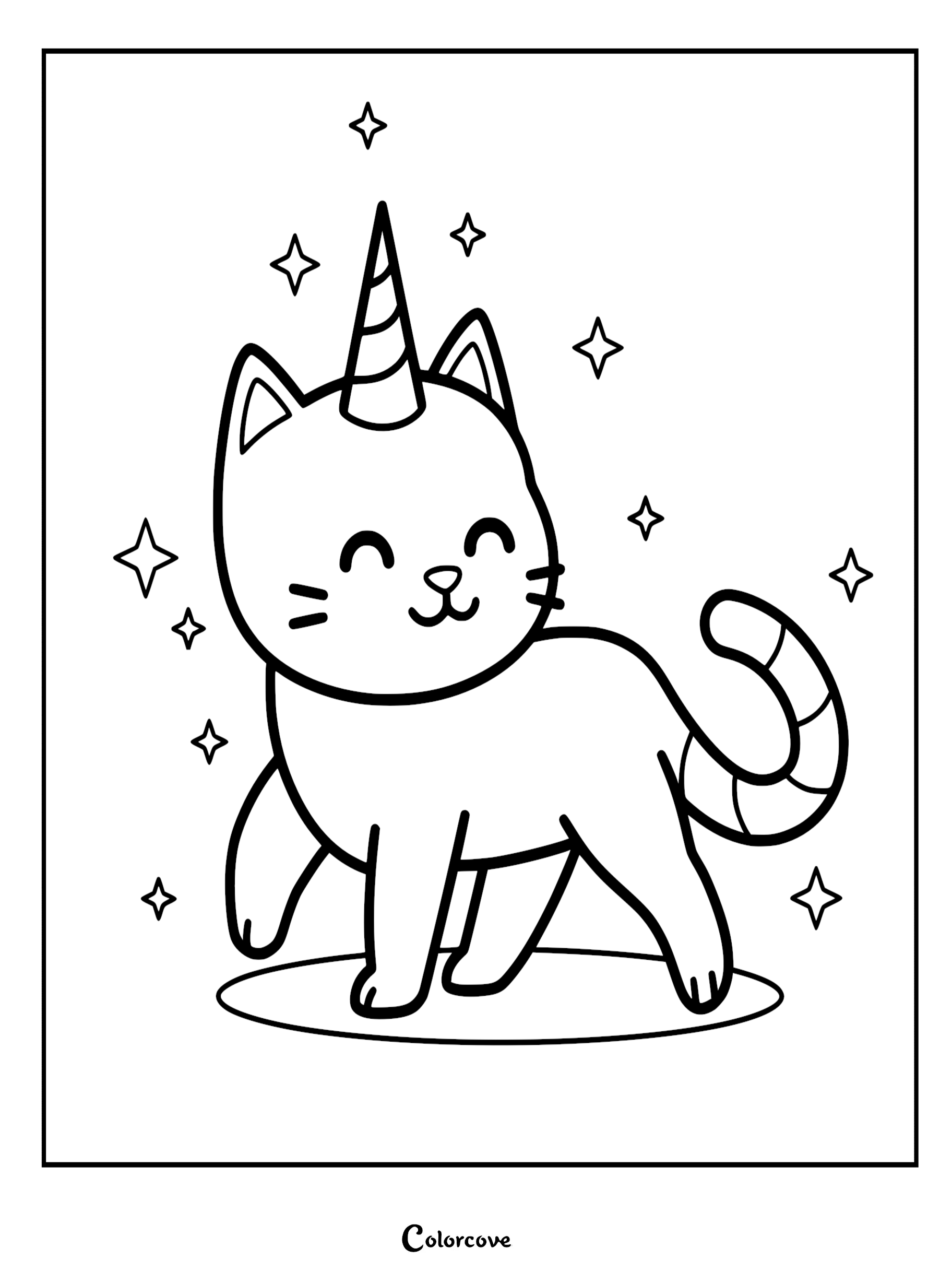 A simple black and white Caticorn coloring page featuring a happy cat with a striped unicorn horn surrounded by sparkling four-pointed stars.
