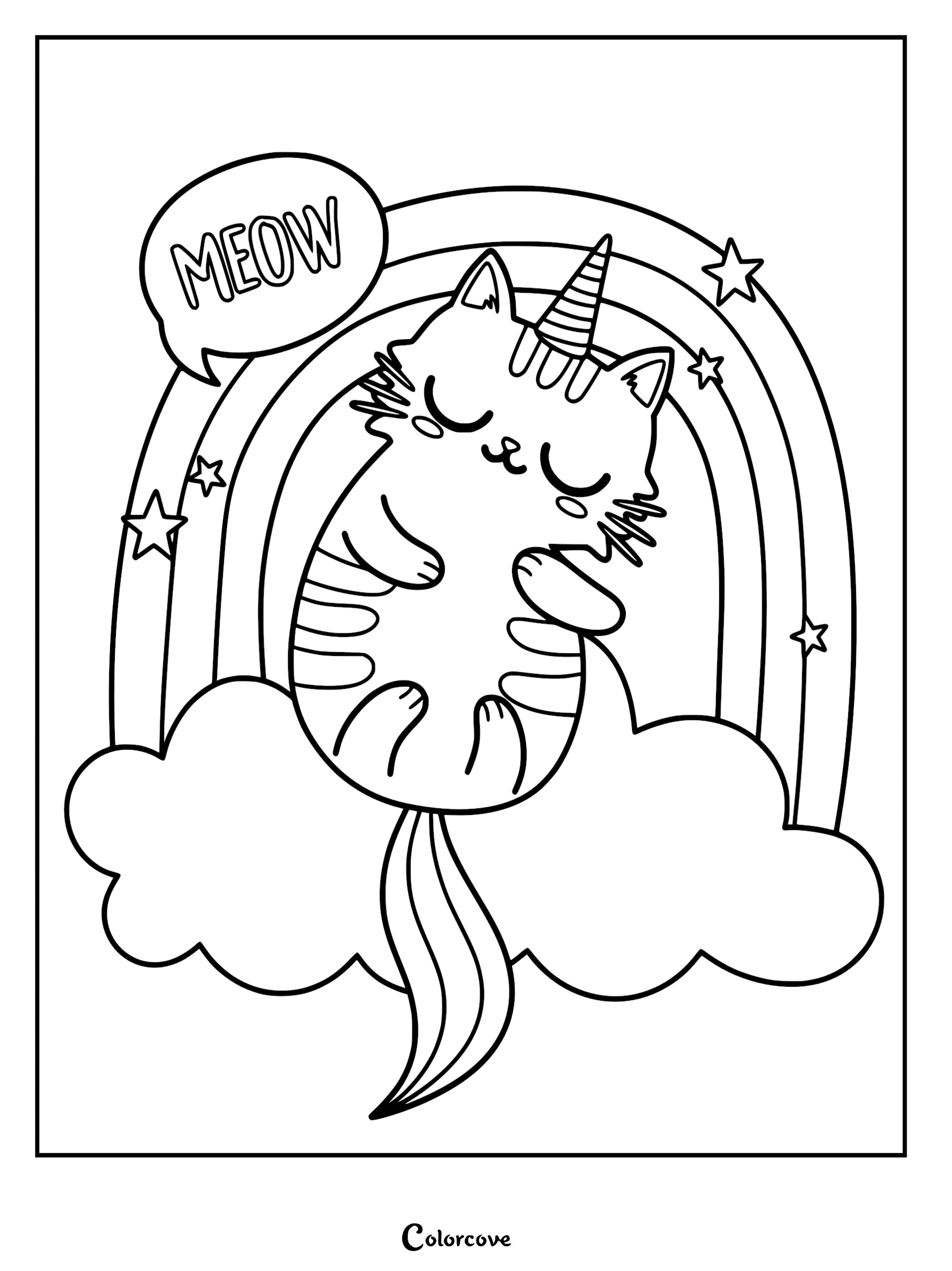 A printable Caticorn coloring page featuring a striped kitten with a unicorn horn sleeping on a puffy cloud under a rainbow with stars and a 'MEOW' speech bubble.
