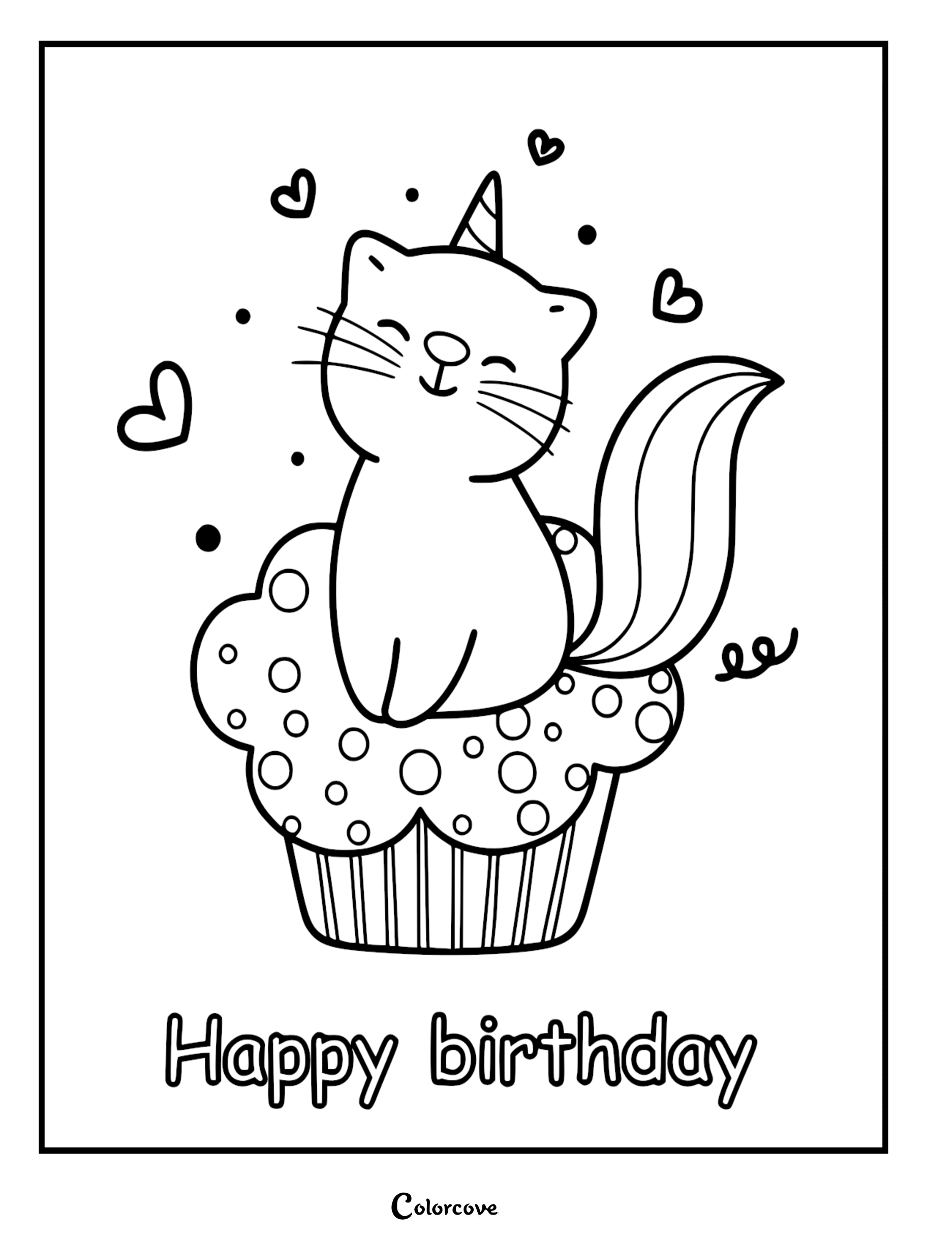 A cute caticorn with a striped horn sitting on a polka-dot cupcake, surrounded by hearts, in this printable birthday coloring page.