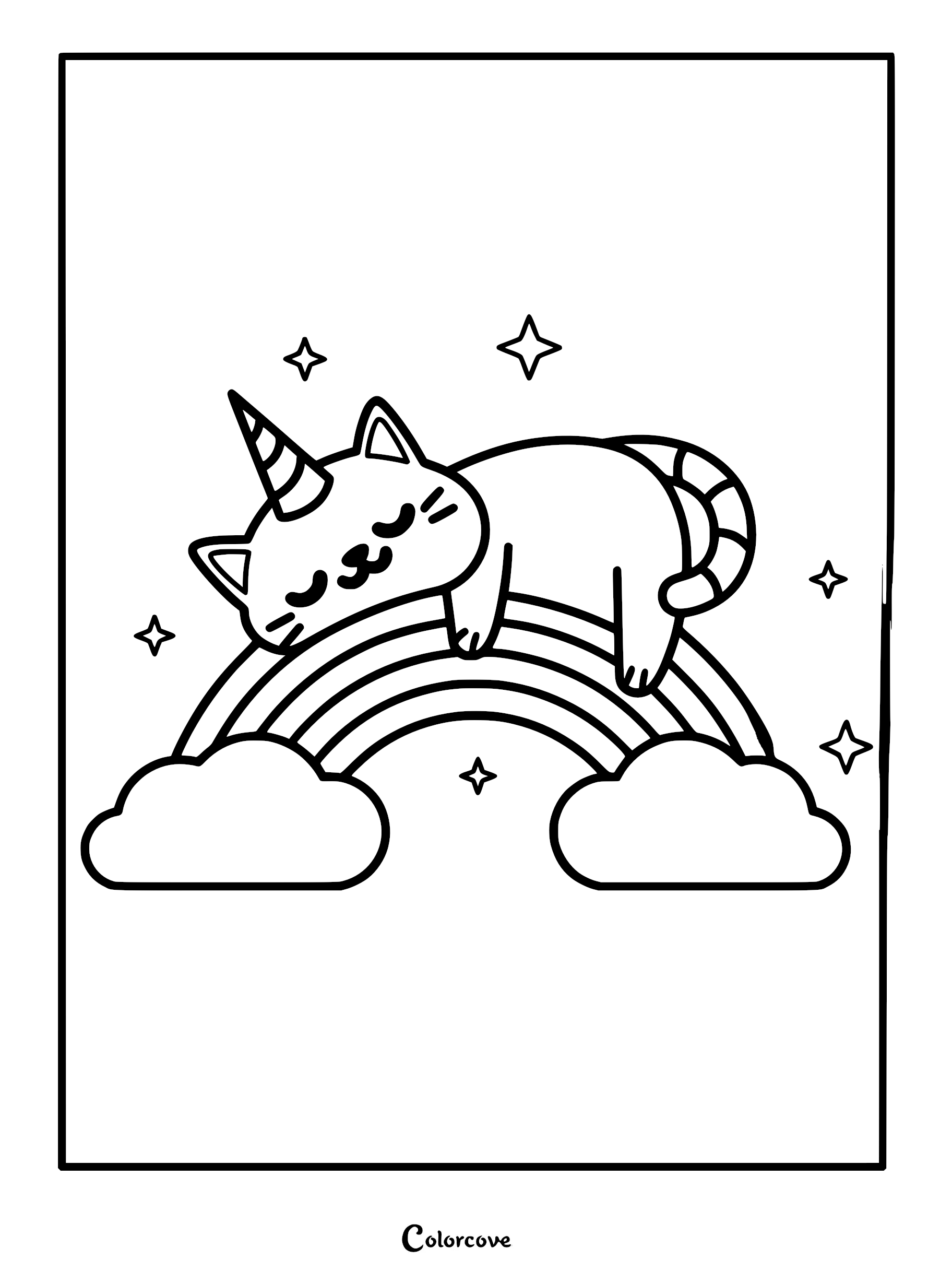 A cute sleeping Caticorn with a striped tail resting on a rainbow between two fluffy clouds in this black and white printable coloring page.