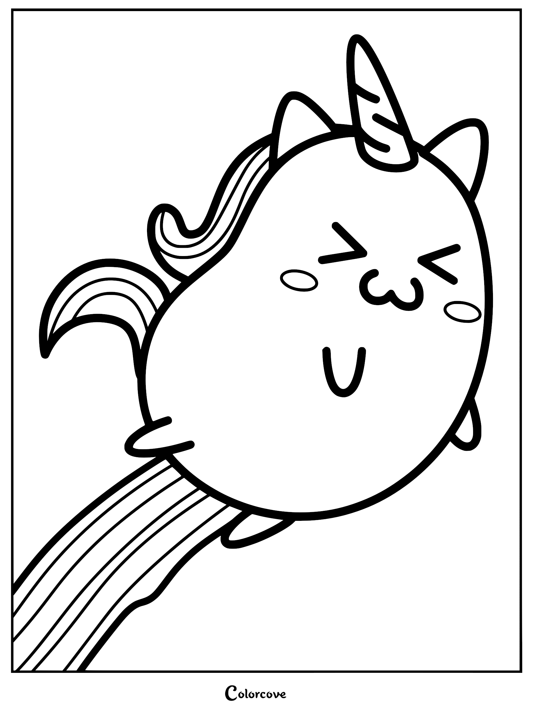 A cute round Caticorn with a striped horn and rainbow tail flying through the air, featured in a simple line art coloring page.