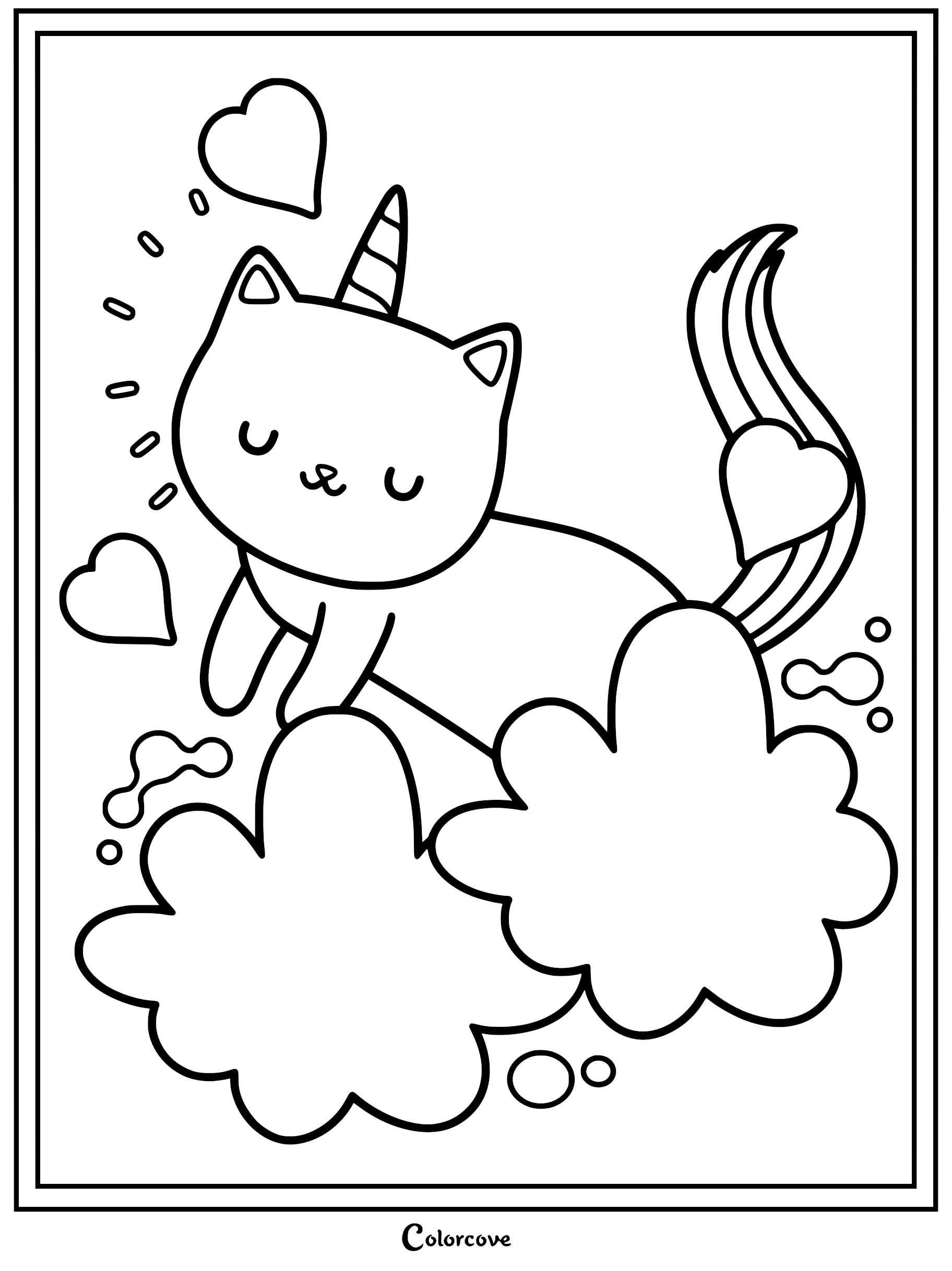 A cute Caticorn with a striped horn resting on fluffy clouds, surrounded by floating hearts, line art coloring page.