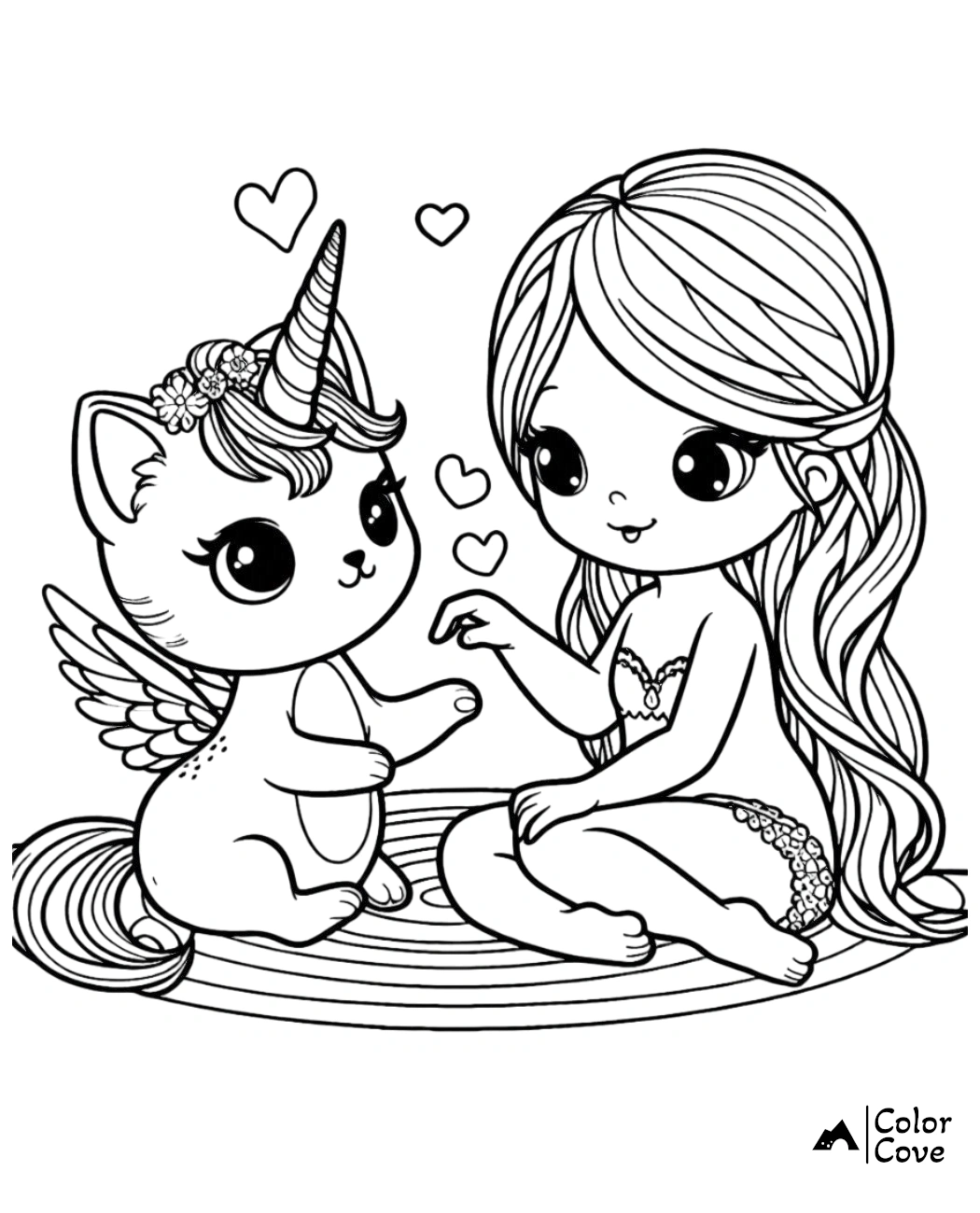 Cute coloring page featuring a mermaid and a winged unicorn holding hands, surrounded by hearts. Perfect for kids.