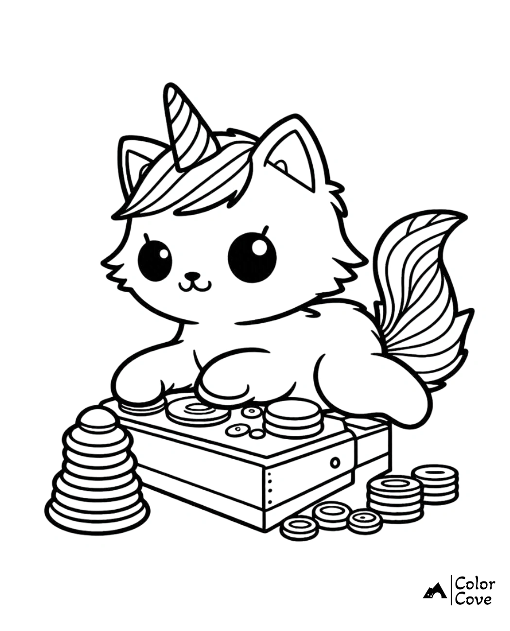 Cute cat unicorn coloring page with money and treasure chest for kids. Printable fantasy coloring activity.