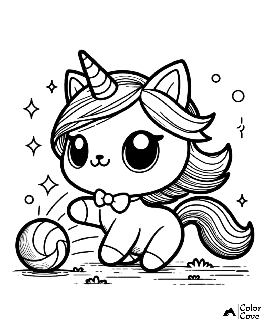 Cute unicorn kitten coloring page for kids, featuring a playful kitty with a bow tie, playing with a ball; printable activity.