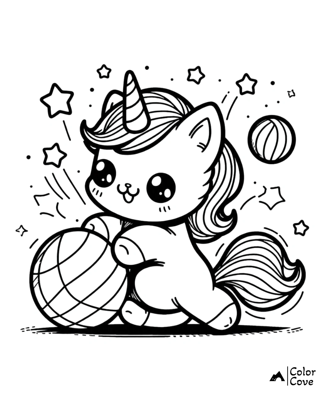 Cute unicorn cat playing with ball coloring page for kids featuring stars and playful designs by Color Cove.