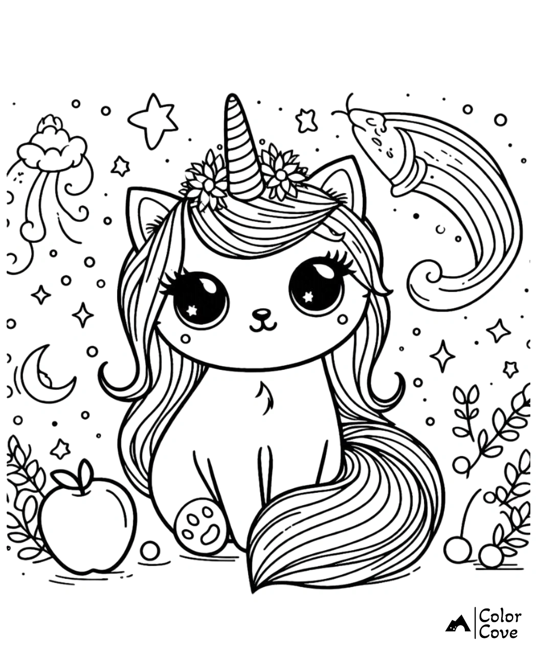 Cute unicorn cat coloring page with stars, moon, apple, and plants in the background. Free printable for kids.