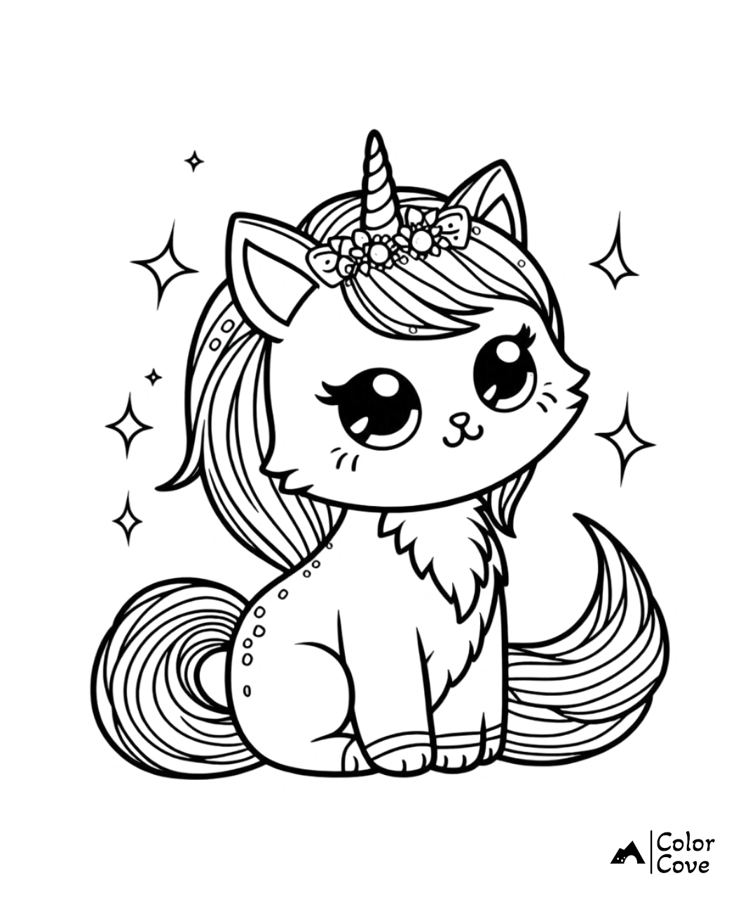 Cute unicorn cat coloring page with a floral headband, stars, and sparkles. Perfect for kids' creative activities.