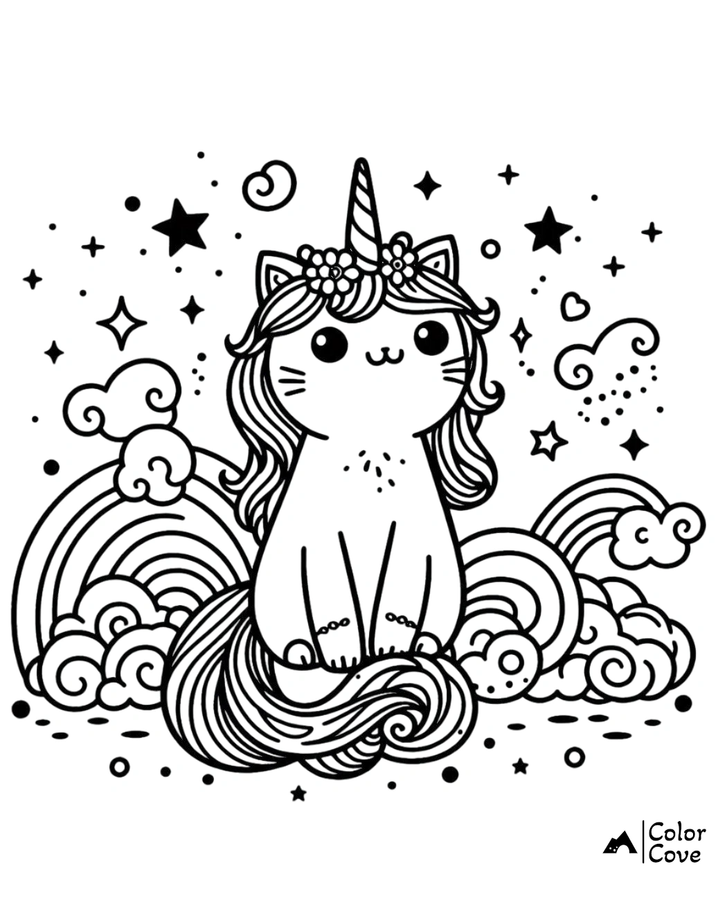 Adorable unicorn cat coloring page with clouds, rainbows, and stars for kids and adults to color. Relaxing and fun!