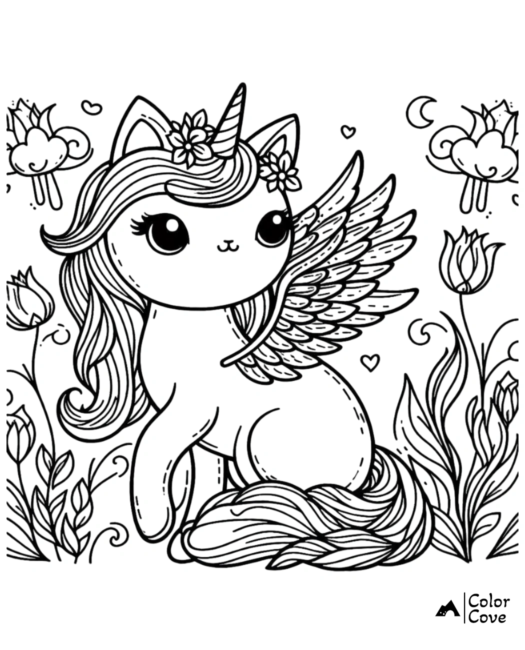 Coloring page of a cute winged unicorn cat with flowers in its hair, surrounded by floral designs and whimsical clouds.