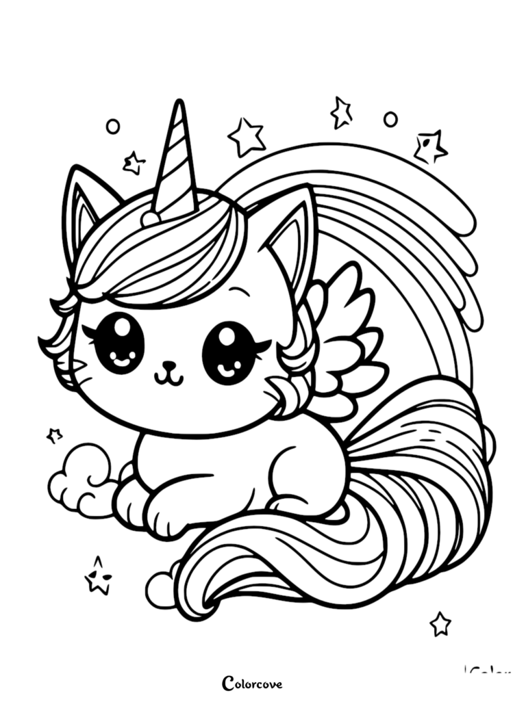 A kawaii Caticorn with a striped unicorn horn, feathered wings, and a large fluffy tail, surrounded by stars, clouds, and a rainbow, presented as a black and white coloring page.