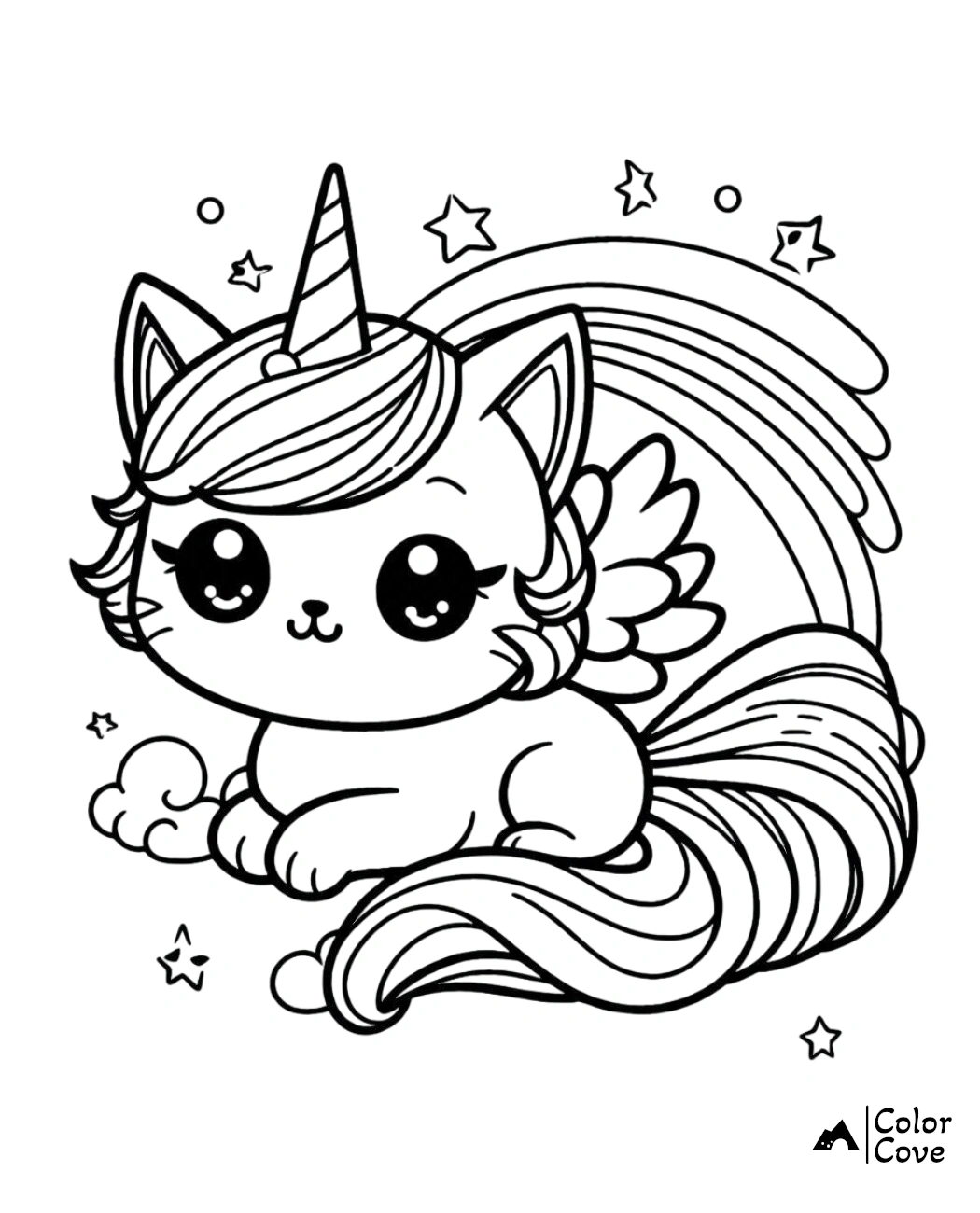 Cute cat unicorn coloring page for kids featuring a kawaii kitty with a horn, angel wings, and stars. Printable activity sheet.