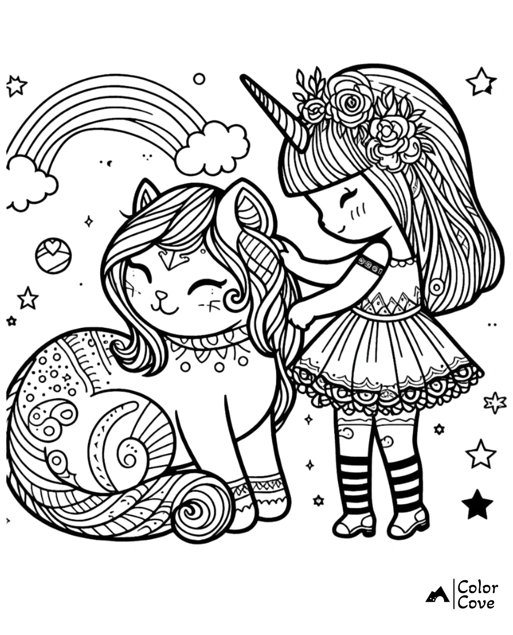 Coloring page of a girl with a unicorn horn petting a smiling cat with decorative patterns, under a rainbow with stars.