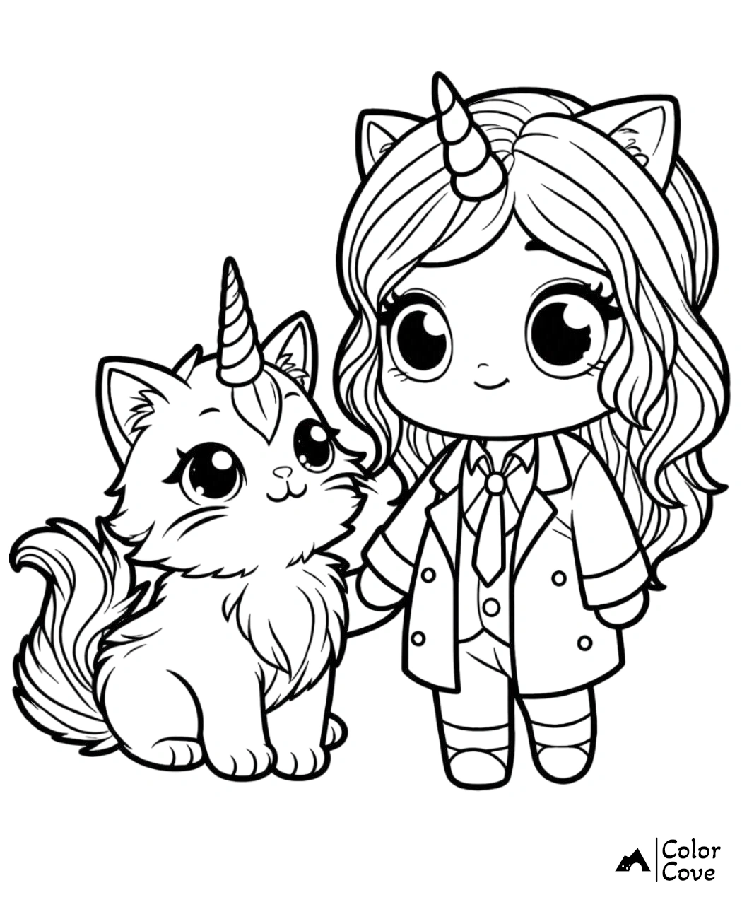 Coloring page featuring a cute girl with unicorn horn and cat ears standing beside a fluffy cat with a unicorn horn.