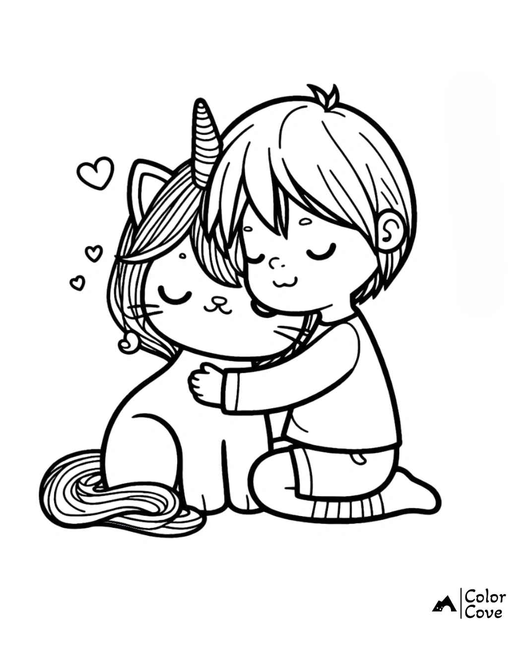 Child hugging a unicorn cat coloring page, with hearts floating above, by Color Cove. Cute friendship line art for kids to color.