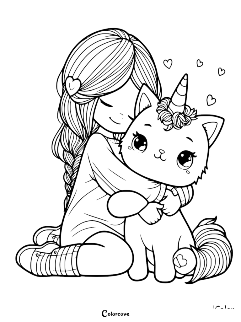 A girl with a braided hairstyle hugging a cute chibi Caticorn with a striped horn, surrounded by floating hearts in this printable coloring page.
