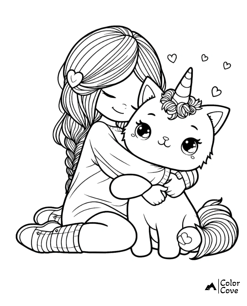 Cute girl hugging a unicorn cat coloring page, perfect for kids to color and enjoy. Color Cove.