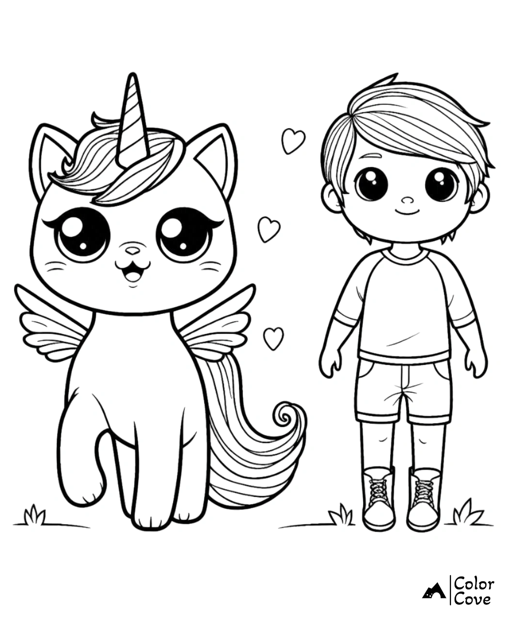 Boy and unicorn coloring page with hearts, featuring a winged unicorn and smiling boy, ideal for kids' creative activities.