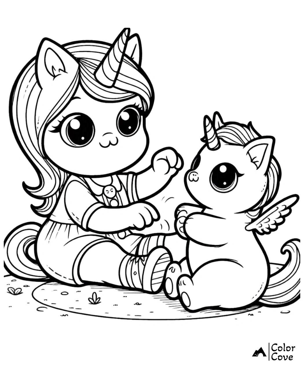 Cute unicorn kid and baby unicorn coloring page for kids, featuring big eyes and adorable faces. Perfect for young artists!