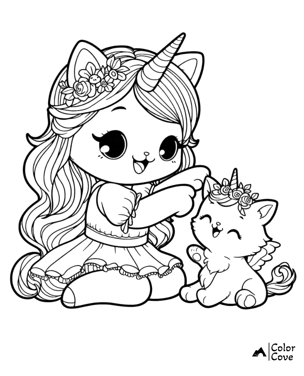 Unicorn girl coloring her tiny unicorn buddy in this adorable printable coloring page for kids. Perfect for creative fun!