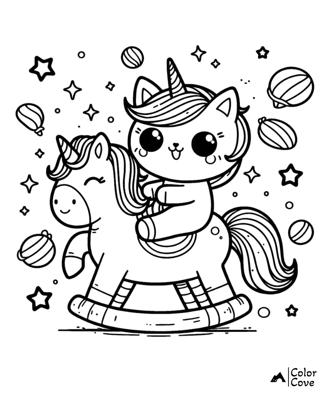 Cute unicorn and cat coloring page with stars and planets. Fun and whimsical illustration for kids to color. #ColorCove