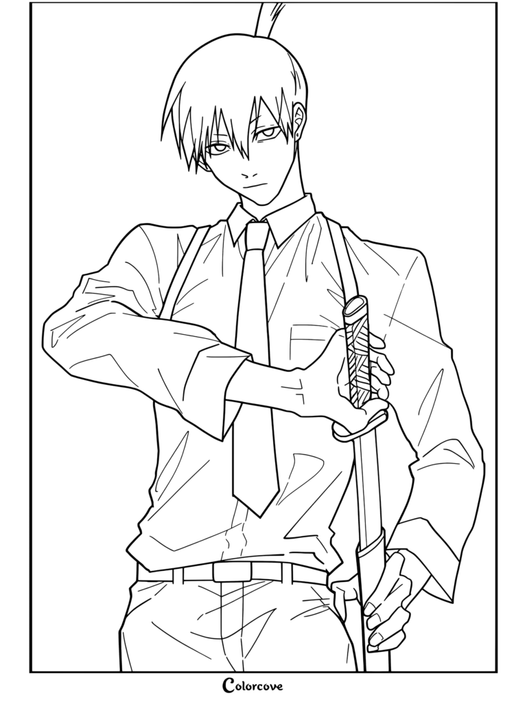 Aki Hayakawa dibujando su espada usando una camisa blanca y corbata negra de la página para colorear de Chainsaw Man para fans