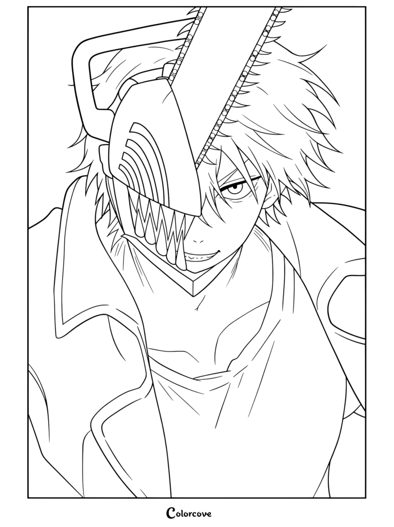 Dibujo de Chainsaw Man para colorear con Denji usando una máscara de demonio motosierra a medias sonriendo con confianza
