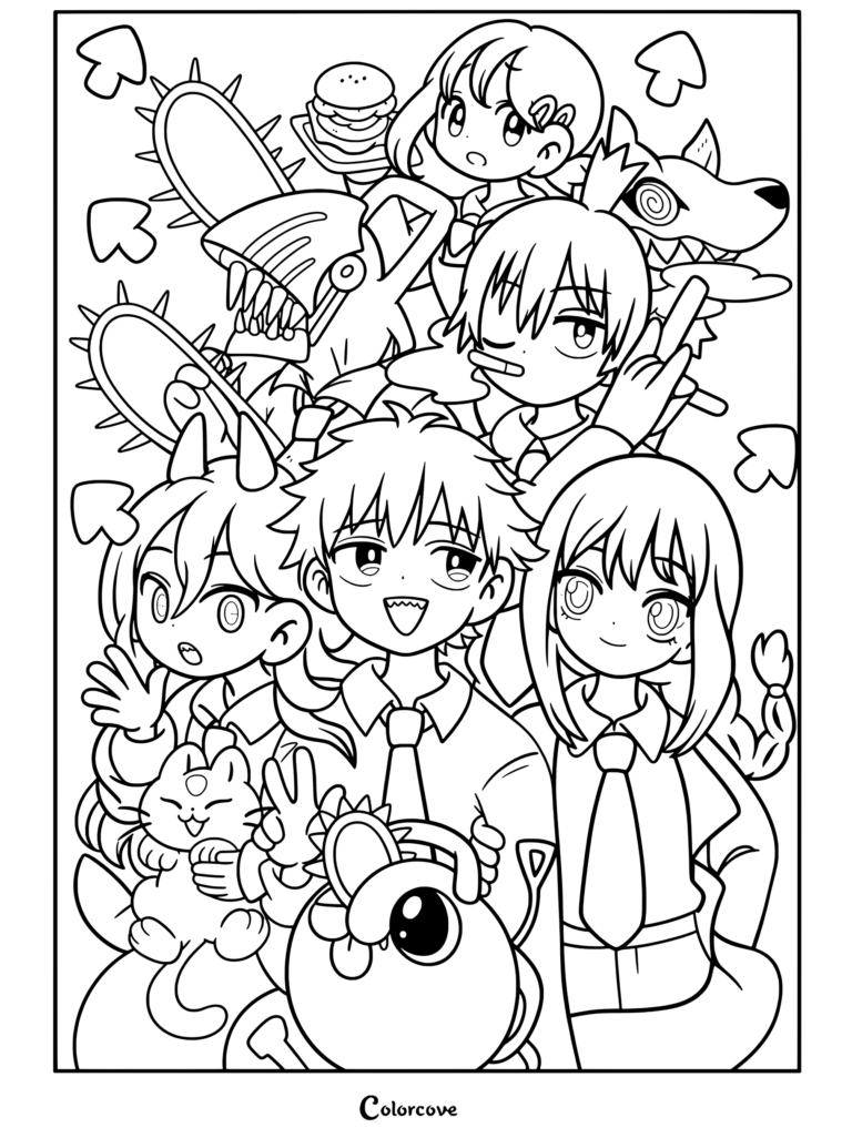 Ilustración grupal de Chainsaw Man que presenta a Denji, Makima, Power, Aki, Pochita y Meowy en una página para colorear estilo anime chibi