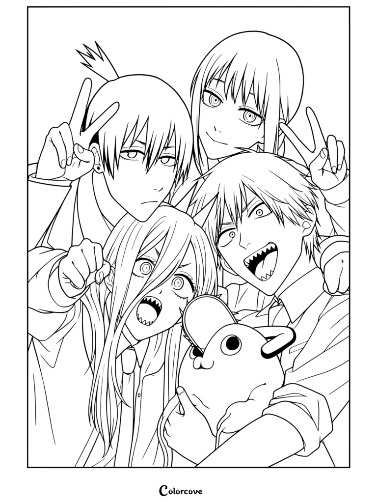 Dibujo de Chainsaw Man para colorear de una foto grupal con Denji, Power, Makima, Aki y Pochita sonriendo y posando juntos.