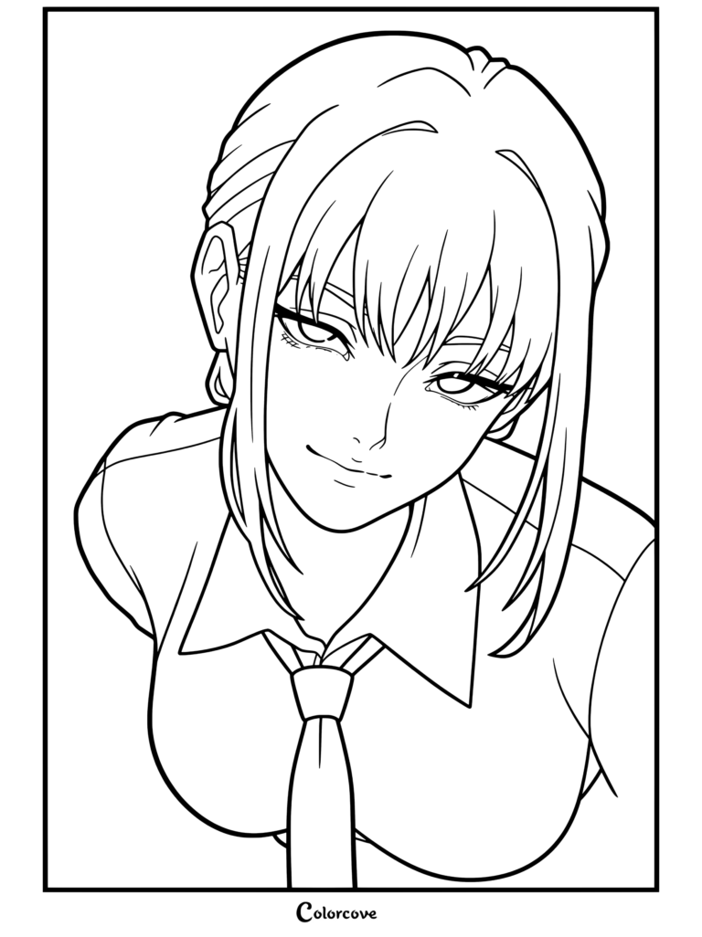 Makima de Chainsaw Man mirando hacia abajo con una sonrisa misteriosa vistiendo camisa blanca y corbata negra en la página para colorear