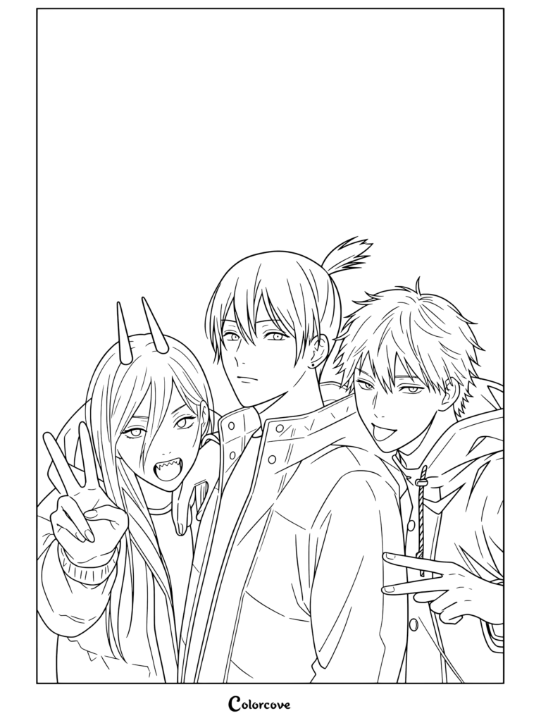 Dibujo de Chainsaw Man que presenta a Power, Aki y Denji posando juntos de manera casual con gestos de manos.