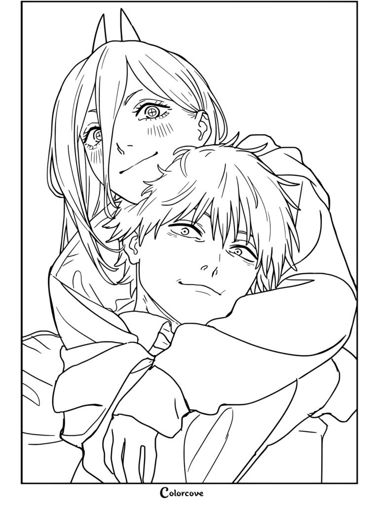 Dibujo de Chainsaw Man con Power abrazando cariñosamente a Denji y sonriendo en una ilustración de arte lineal.