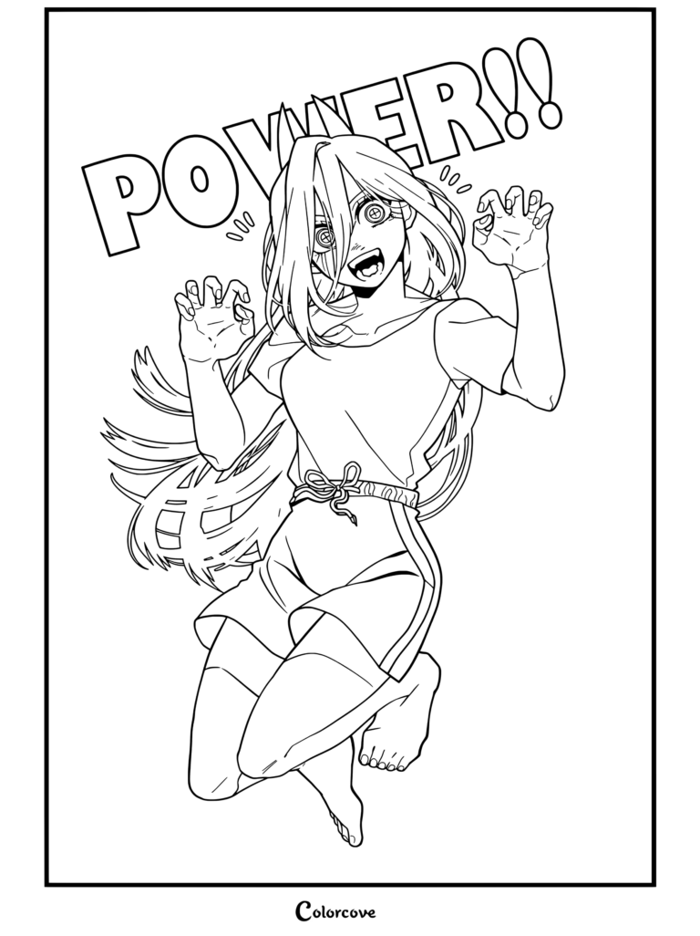 Power de Chainsaw Man saltando alegremente con las garras afuera y una expresión salvaje, en una página para colorear imprimible.